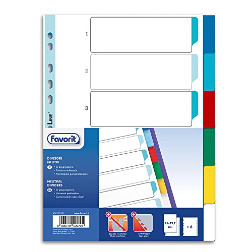 Favorit 400132501 Universal-Register mit Lochung für Ringordner mit 6 neutralen farbigen Einkerbungen, Innenformat A4, Polypropylen (ungiftiger Kunststoff) von Favorit