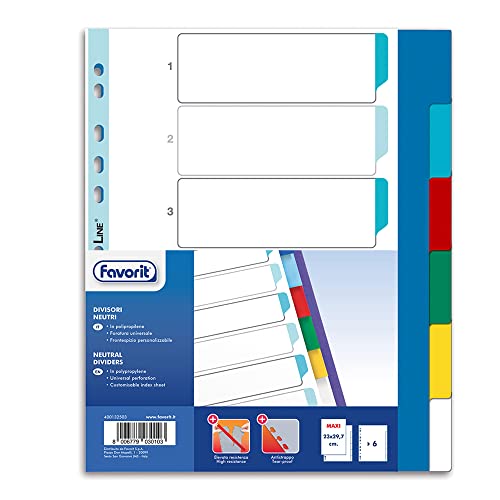 Favorit Universal-Register mit Lochung, für Ringordner mit 6 neutralen Farblinien, aus Polypropylen (ungiftiger Kunststoff) Formato Interno 23 x 29.7 cm von Favorit