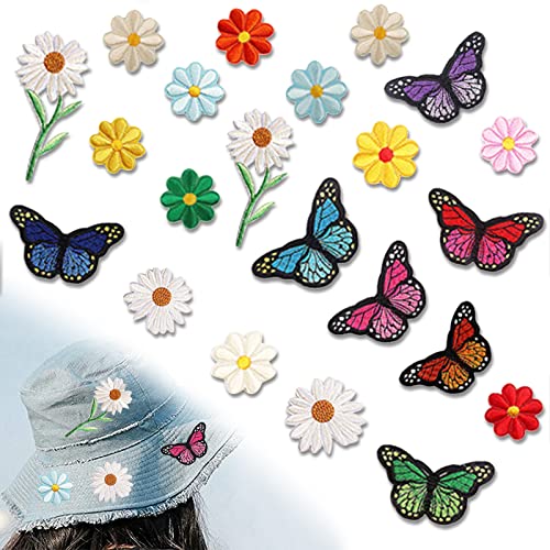 22 Stück Patches zum Aufbügeln Blume, Kinder Blumen Schmetterling Bestickte Patches Blumen Applikation zum Aufbügeln, für DIY Kleidung Jeans, Erwachsene und Kinder Jean T-Shirt Patches von Favson