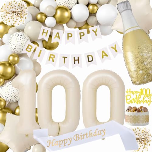 100 Geburtstag Deko Mann, Beige Weiß Gold Dekorationen Set 100th Ballons Happy Birthday Banner Girlande Konfetti Luftballon 100. Frauen Männer Geburtstag Deko 100 Geburtstag Party Deko Supplies von Fawncierge