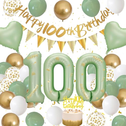 100 Geburtstag Deko Mann, Grün Weiß Gold Dekorationen Set 100th Ballons Happy Birthday Banner Girlande Konfetti Luftballon 100. Frauen Männer Geburtstag Deko 100 Geburtstag Party Deko Supplies von Fawncierge