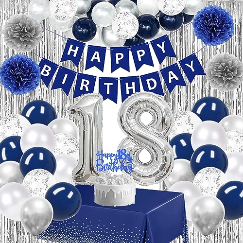 Deko 18. Geburtstag Junge,Navy Blau Deko 18 Geburtstag Männer, Blau Silber Happy Birthday Girlande Konfetti Luftballons Banner Tischdecke Silber Lametta Vorhänge für Geburtstagsdeko Party Supplies von Fawncierge