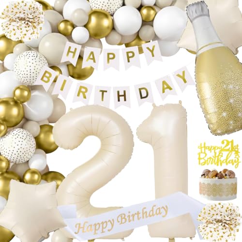 21 Geburtstag Deko Mädchen, Beige Weiß Gold Dekorationen Set 21st Ballons Happy Birthday Banner Girlande Konfetti luftballon Frauen Mädchen Junge Geburtstag Deko 21. Geburtstag Party Deko Supplies von Fawncierge