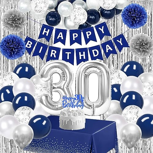 30 Geburtstag Männer Deko, Navy Blau Luftballon 30 Geburtstag, Blau Silber Happy Birthday Girlande Konfetti Luftballons Banner Tischdecke Silber Lametta Vorhänge für Geburtstagsdeko Party Supplies von Fawncierge