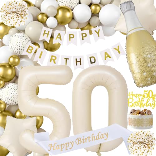 50 Geburtstag Deko Mann, Beige Weiß Gold Dekorationen Set 50th Ballons Happy Birthday Banner Girlande Konfetti Luftballon 50er Frauen Männer Geburtstag Deko 50. Geburtstag Party Deko Supplies von Fawncierge