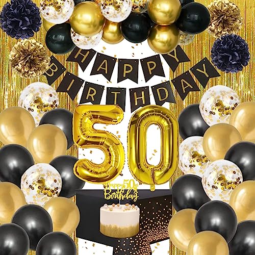 Deko 50. Geburtstag Mann, Schwarzes Gold Konfetti Luftballons Party 50 Geburtstag Frau Deko Mann Tischdecke für Rechteck Tisch Regenvorhang Happy Birthday 50. Geburtstag Deko Ballon Schwarz Gold Deko von Fawncierge