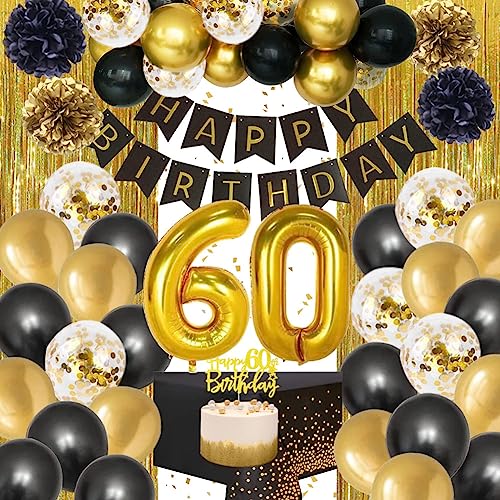 60 Geburtstag Mann Deko, Schwarzes Gold Konfetti Luftballons Party Deko 60 Geburtstag Frau Tischdecke für Rechteck Tisch Regenvorhang Happy Birthday 60 Ballon Schwarz Gold Deko Wiederverwendbar von Fawncierge