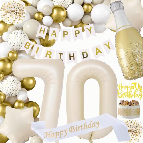 70 Geburtstag Deko Mann, Beige Weiß Gold Dekorationen Set 70th Ballons Happy Birthday Banner Girlande Konfetti Luftballon 70. Frauen Männer Geburtstag Deko 70 Geburtstag Party Deko Supplies von Fawncierge