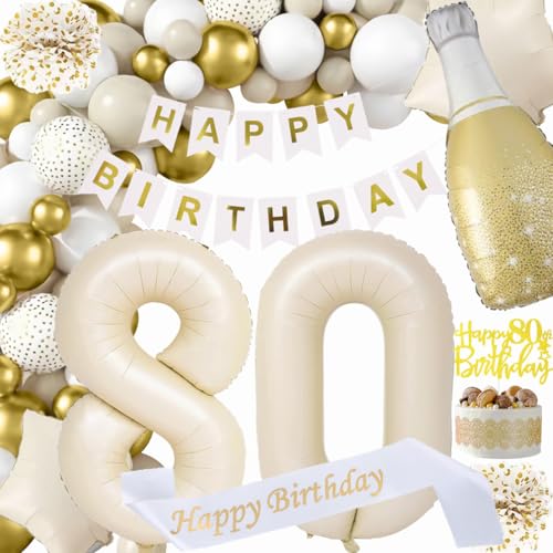 80 Geburtstag Deko Mann, Beige Weiß Gold Dekorationen Set 80th Ballons Happy Birthday Banner Girlande Konfetti Luftballon 80. Frauen Männer Geburtstag Deko 80 Geburtstag Party Deko Supplies von Fawncierge