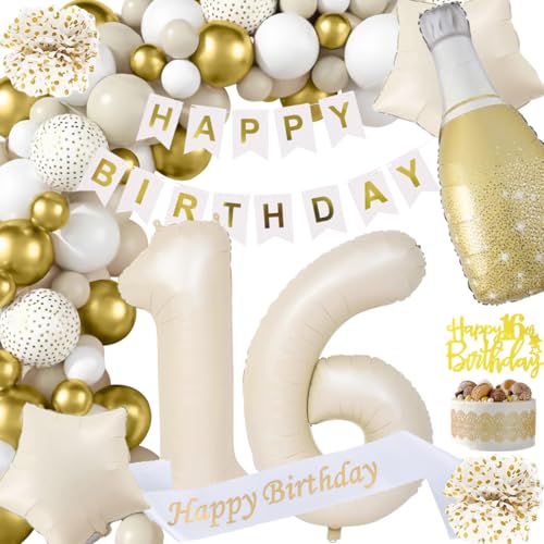 16 Geburtstag Mädchen Dekorationen, Beige Weiß Gold Deko Set 16th Ballons Happy Birthday Banner Girlande Konfetti luftballon Frauen Mädchen Junge Geburtstag Deko 16 Geburtstag Party Deko Supplies von Fawncierge