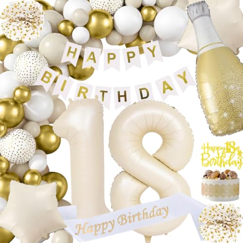 18. Geburtstag Mädchen Deko, Beige Weiß Gold Dekorationen 18 Geburtstag Ballons Happy Birthday Banner Girlande Konfetti Luftballon Mädchen Junge Geburtstag Deko 18 Geburtstag Party Deko Supplies von Fawncierge