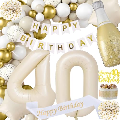 Deko 40 Geburtstag Mann, Beige Weiß Gold Dekorationen Set 40th Ballons Happy Birthday Banner Girlande Konfetti Luftballon 40er Frauen Männer Geburtstag Deko 40. Geburtstag Party Deko Supplies von Fawncierge