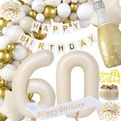 Deko 60 Geburtstag Mann, Beige Weiß Gold Dekorationen Set 60th Ballons Happy Birthday Banner Girlande Konfetti Luftballon 60.ter Frauen Männer Geburtstag Deko 60. Geburtstag Party Deko Supplies von Fawncierge