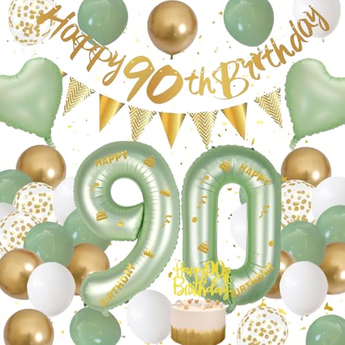 90 Geburtstag Deko Mann, Grün Weiß Gold Dekorationen Set 90th Ballons Happy Birthday Banner Girlande Konfetti Luftballon 90. Frauen Männer Geburtstag Deko 90 Geburtstag Party Deko Supplies von Fawncierge