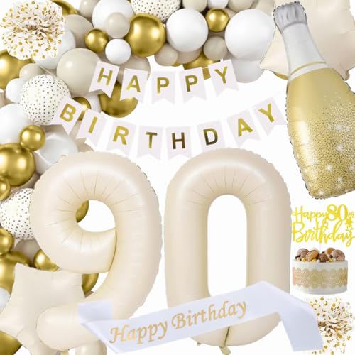 90 Geburtstag Deko Mann, Beige Weiß Gold Dekorationen Set 90th Ballons Happy Birthday Banner Girlande Konfetti Luftballon 90. Frauen Männer Geburtstag Deko 90 Geburtstag Party Deko Supplies von Fawncierge