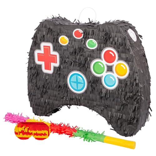 Fax Potato 3pc Spielcontroller Pinata-Set mit Mehrfarbiger Stock & Augenbinde - Mexikanisch Kinder Mädchen Jungen Geburtstagsfeier Partys Spiele Dekorationsset von Fax Potato