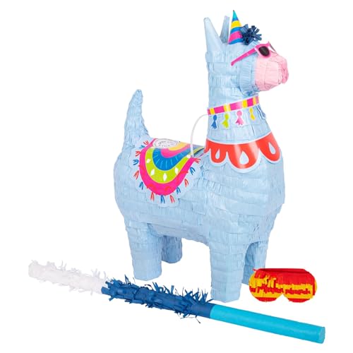 Fax Potato Lama Pinata, Stock und Augenbinde-Set – 3-teilig – Blauer Stock – mexikanische Kinder, Mädchen, Jungen, Geburtstag, große Spiele, Dekorationsset – 35x12x50cm von Fax Potato