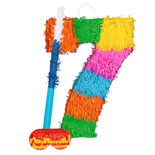 Fax Potato Number 7 Pinata Set with Stick & Blindfold - Blue Stick - Mexican Kids Girls Boys Birthday Large Party Parties Games Decorations Kit von Fax Potato