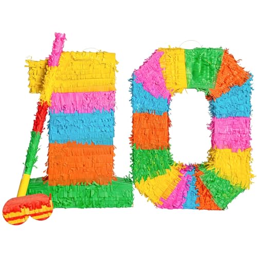 Fax Potato Pinata Set with Stick & Blindfold - 10th Birthday/Anniversary - Rainbow - Mexican Kids Girls Boys Birthday Large Party Parties Games Decorations Kit von Fax Potato