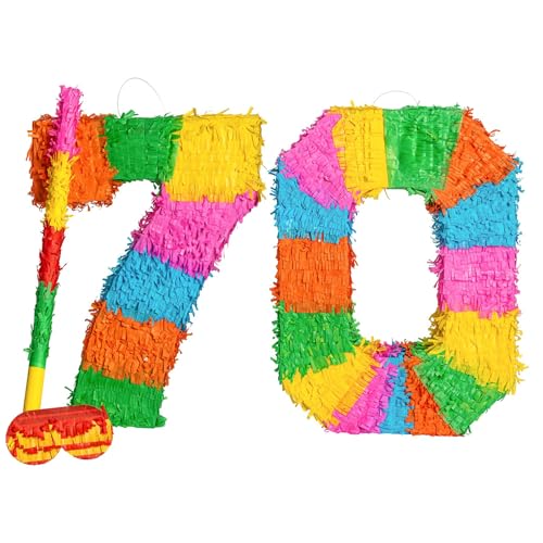 Fax Potato Pinata Set with Stick & Blindfold - 70th Birthday/Anniversary - Rainbow - Mexican Kids Girls Boys Birthday Large Party Parties Games Decorations Kit von Fax Potato