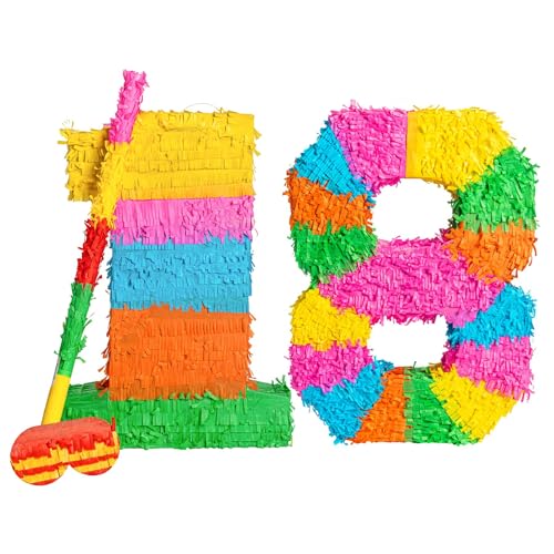 Fax Potato Pinata Set with Stick & Blindfold - 18th Birthday/Anniversary - Rainbow - Mexican Kids Girls Boys Birthday Large Party Parties Games Decorations Kit von Fax Potato