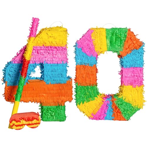 Fax Potato Pinata Set with Stick & Blindfold - 40th Birthday/Anniversary - Rainbow - Mexican Kids Girls Boys Birthday Large Party Parties Games Decorations Kit von Fax Potato