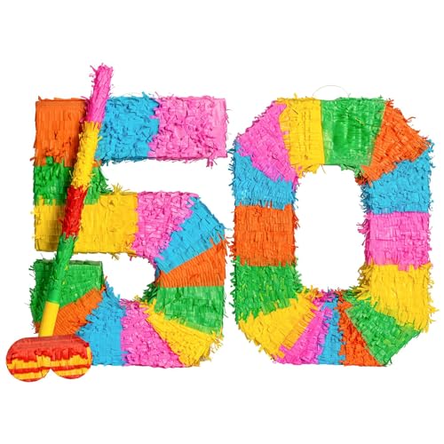 Fax Potato Pinata Set with Stick & Blindfold - 50th Birthday/Anniversary - Rainbow - Mexican Kids Girls Boys Birthday Large Party Parties Games Decorations Kit von Fax Potato