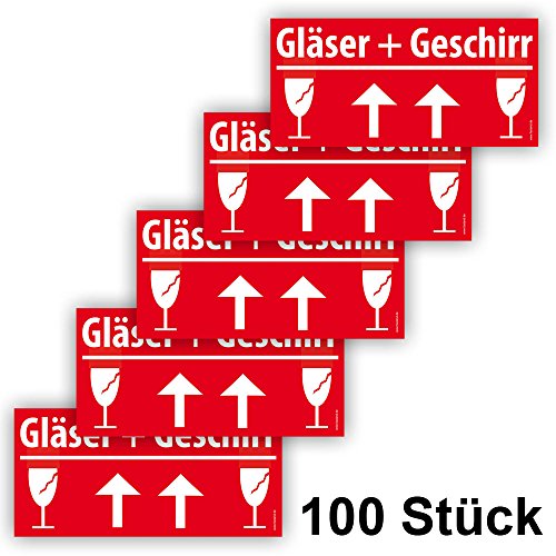 100x VORSICHT GLAS Umzugetiketten XL Aufkleber, Groß 21x10cm, Rot, Sicherheitsetikett als Warnhinweis selbstklebend, 100 Stück von Faxland