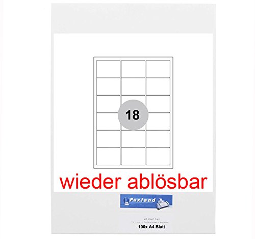 Wiederablösbare Etiketten 63, 5 x 46, 6 mm 1800 Stück (100 A4 Blätter) - 63x46, weiße Universal Etikett selbstklebend, ablösbar Non Permanent von Faxland