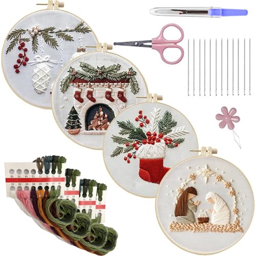 Fazvncv Sticksets mit Nadel und Faden, Weihnachtsstickerei-Set, handgefertigter Stickrahmen, Starter-Set für Damen von Fazvncv