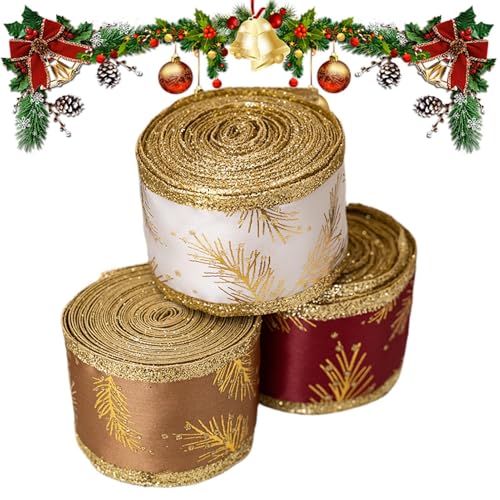 Weihnachts-Satinband, dekoratives Kranzband, glitzerndes goldenes Band, Urlaubsverpackung, Bauernhaus-Weihnachtsdekoration, 3,8 cm breites Band, Satin-Luftschlangenbänder von Fbinys