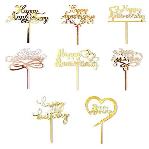 8 Stück Happy Anniversary Cake Topper, Gold Silver Wedding Anniversary Acryl Cake Toppers, Happy Anniversary Party Decorating Supplies von Fbrtsba