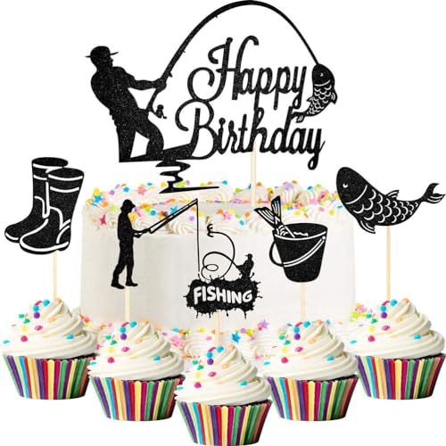 Packung mit 6 Angeln Kuchen Topper, Happy Birthday Kuchen Dekoration Fisch Angeln Dekoration Geburtstag, Fischer Kuchen Topper für Kuchen, DIY Dekoration für Jungen und Männer, Geburtstagsparty von Fc'Noqgn