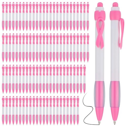 Fcuajdkq 100 Stück Pink Ribbon Pens Bulk, Schwarze Tinte, Einziehbare Kugelschreiber für Bürobedarf, Frauen, Mädchen, Geschenk, Langlebig, Einfach zu Bedienen von Fcuajdkq