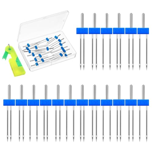 18 Stück Nähmaschinen Zwillingsnadeln Jersey Nähmaschinennadeln Stifte Zwilling Stretch Nadeln mit Kunststoffbox 3 Gemischte Größen 2.0/90, 3.0/90, 4.0/90 von FdcZeyxior