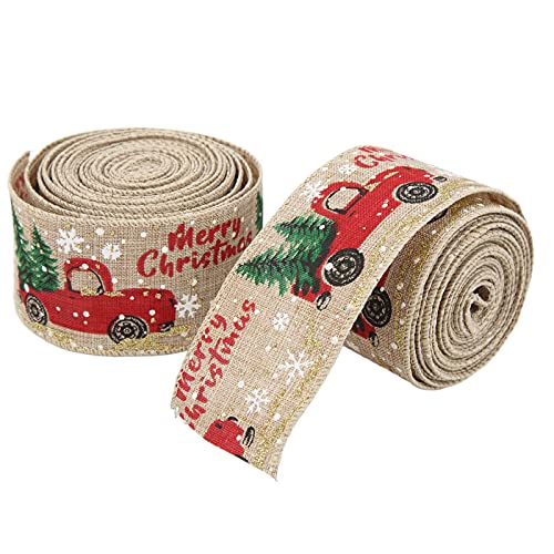 2PCS -Bänder für Handwerk, Weihnachts -LKW -Musterband, Nachahmungswäsche, Starke Weihnachtsbänder für Kunsthandwerk, mit Retro -Design für Geschenkverpackung (Heiße Farbe) von Fdit