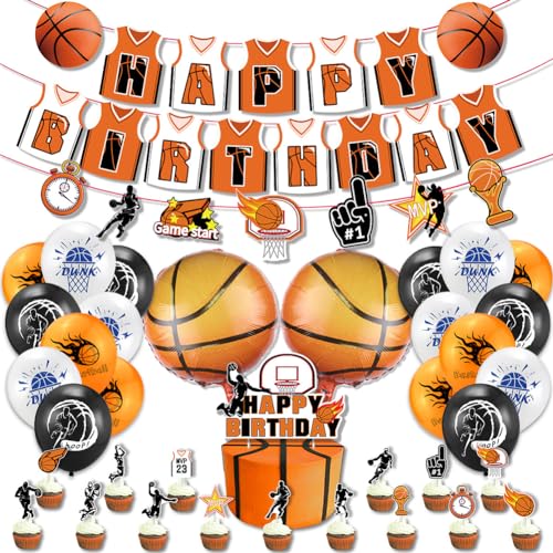 38 Stück Basketball-Thema Geburtstag Party Set Basketball Kuchen Party Dekoration Basketball Thema Geburtstag Dekoration Ballons Cupcake-Topper Happy Birthday Banner für Kinder von FeLeA