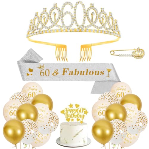 60. Geburtstag Krone Schärpe Luftballons Beige Gold 60. Geburtstag Schärpe und Tiara Diademe 60 Jahre Dekoration Cupcake Topper Ballons Birthday Schärpe Haarschmuck für Damen 60. Geburtstag Party von FeLeA