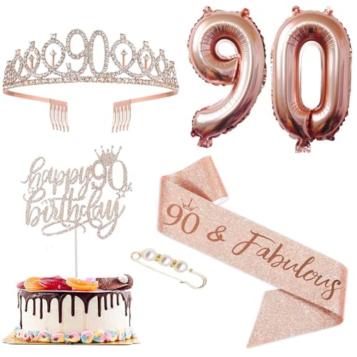 90 Geburtstag Krone Schärpe, Birthday Tiara für Mädchen, Strass Haarreif Kristall Haarschmuck 90 Geburtstag Party Ballons Kuchen Toppers Geburtstagparty Deko Zubehör für Prinzessin von FeLeA