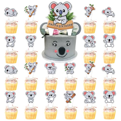 Koala Tortendeko Geburtstag 25 Stück Koala Cupcake Toppers Wild Animal Muffin Dekoration Koala Geburtstag Cupcake Tortendeko Baby Shower Happy Birthday Geburtstag Party Kuchen Deko Zubehör von FeLeA