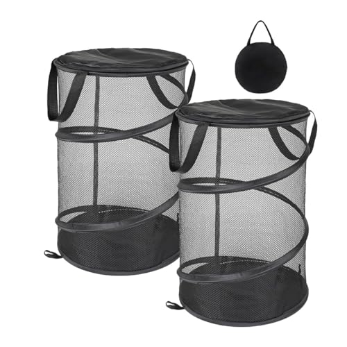 Faltbarer Wäschekörbe mit Deckel Pop-Up Mesh Laundry Baskets Tragbar Wäschekörbe aus Netzstoff Laundry Wäschekörbe mit Henkel für Camping Reisen Kleidung Kinderzimmer Organizer (1 SET) von Feaolala