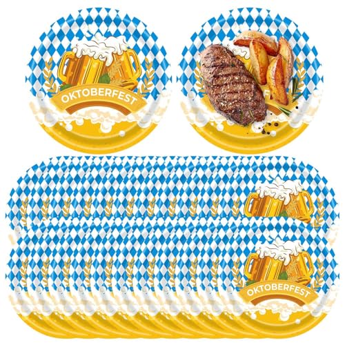 Fecfucy Oktoberfest Dekorationen - Oktoberfest Geschirr Set | Blaue und weiße Flagge Karo Dekorationen serviert 24 Gäste zum deutschen Oktoberfest Bierfest von Fecfucy