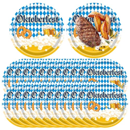 Fecfucy Oktoberfest Supplies | Oktoberfest Geschirr Set - Blaue und weiße Flagge Karo Dekorationen serviert 24 Gäste zum deutschen Oktoberfest Bierfest von Fecfucy