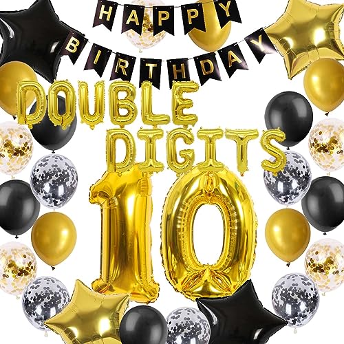 10 Geburtstag Dekorationen für Jungen, Zweistellig 10 Geburtstag Deko, Schwarz Gold 10 Geburtstag Banner Zahl 10 Folienballons mit Konfetti Luftballons für 10 Jahre alt Geburtstag Jungen von Fechy