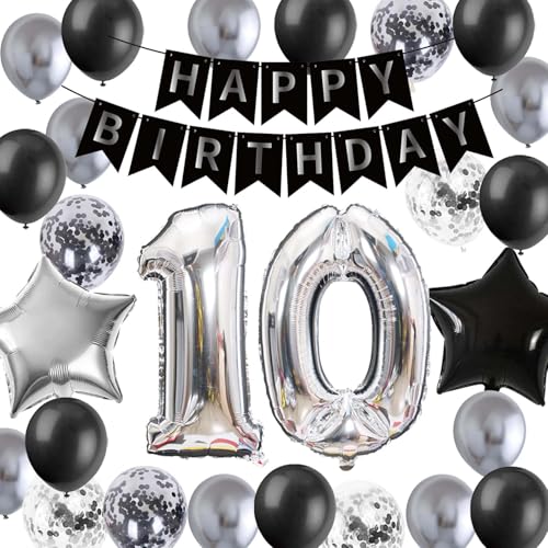 10.Geburtstag Dekoration, 10 Jahre alt Junge Geburtstag Mädchen Ballon Deko, Silber Schwarz Luftballon 10 Geburtstag Party Deko für Ihn Sohn 10 Jahre Alt Geburtstag Zweistellig 10 Geburtstag(10.) von Fechy