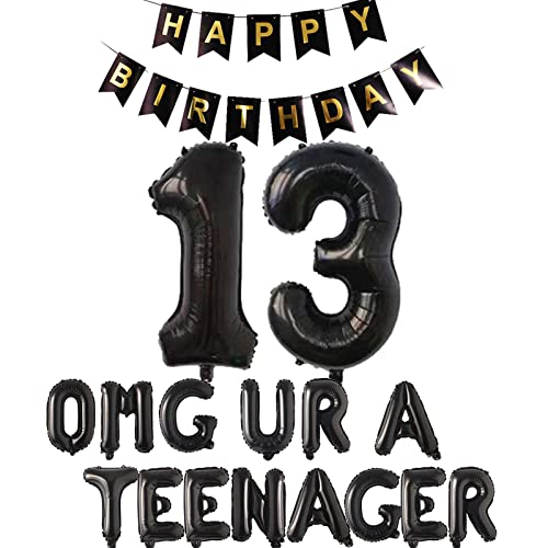 13 Teenager Geburtstag Party Dekorationen für Jungen Mädchen, 13 Geburtstag Dekorationen OMG Ur A Teenager Ballon Geburtstag Banner Jumbo Zahl 13 Folienballons für 13 Jahre alt Söhne Tochter (Schwarz) von Fechy