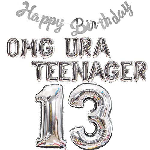 13.Geburtstag Dekorations für Mädchen Jungen, Happy Birthday Banner OMG UR A Teenager Ballons Nummer 13 Geburtstags Folien Ballons für Offizielle Teenager 13 Jahr Geburtstags Deko(Silber) von Fechy