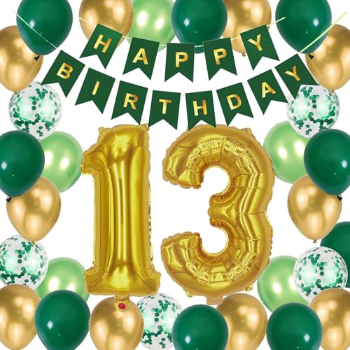 13.Geburtstag Dekoration Junge, 13. Geburtstag Banner Nummer 13 Folienballons Metallic Gold Grün 13. Konfetti Latex Ballons für Mädchen Jungen Offizielle Teenager 13 Jahre Geburtstag Party Deko(13.) von Fechy