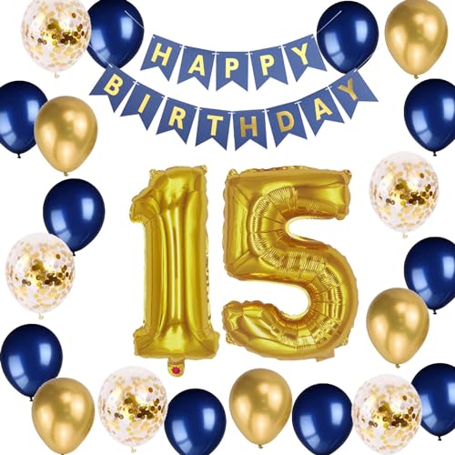 15 Geburtstag Dekorationen für Jungen, Geburtstagsbanner Nummer 15 Luftballons Metallic Marineblau Gold Konfetti Latexballon für Jungen Ihn Sohn 15 Jahre alt Geburtstag Dekoration Supplies (15th) von Fechy