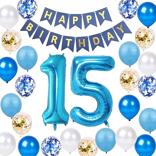 15. Geburtstag Dekoration Junge, Blau Gold Happy Birthday Ballon Nummer 15 Ballon Blau 15. Geburtstag Latex Konfetti Ballon für 15 Jahre Jungen Geburtstagsdeko(15.) von Fechy